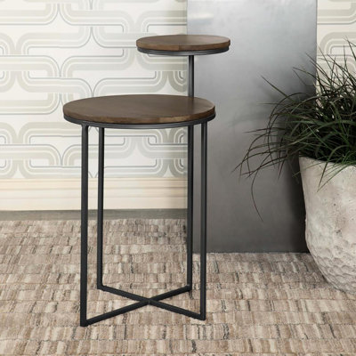 2 tables d'appoint en bois de manguier naturel - base en métal bronze industriel pour un salon de style rustique