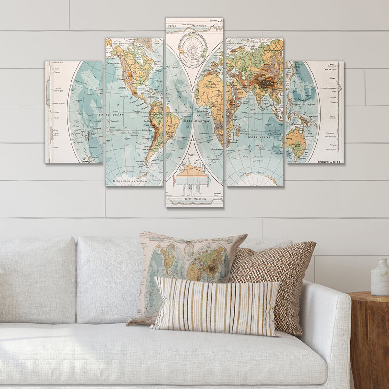 Carte antique du monde II - ensemble de 5 impressions sur toile tendue