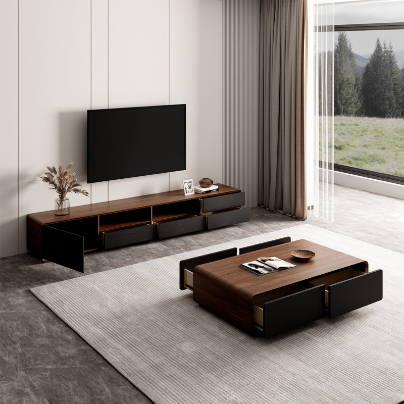 Morford Modern Wood TV Stand Media Console 4 Drawers Open Storage Cabinet Veneer Fully-assembled, 94.48", Black