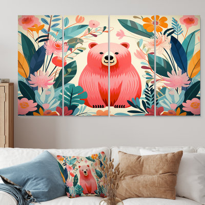 «Pink Tropical Bear Harmony I», art mural 4 pièces