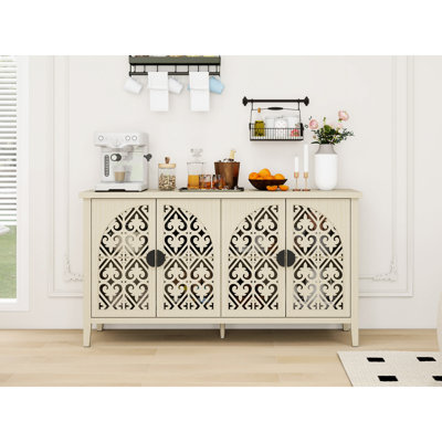 4 - Door Hollowed Out Cabinet For Bedroom, Living Room And Study, Panels With Symmetrical Design , Round Metal Handles Delicate Feel, Solid Wood Feet Stable Bearing, Lock Wall Parts To Reduce Dumping