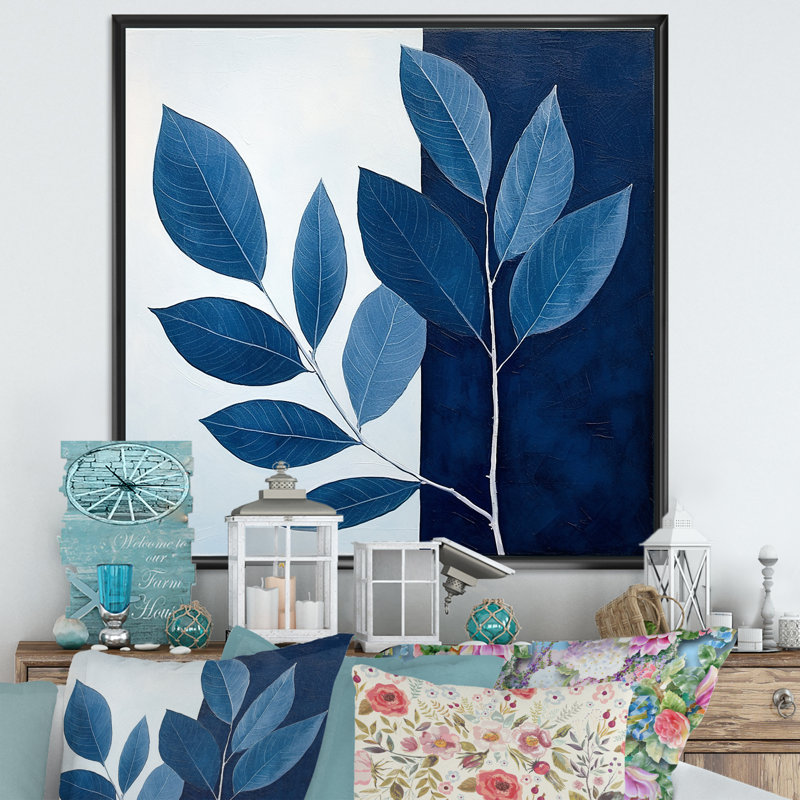 Blue Indigo Leaves Harmony I, H 16 po x l 16 po x P 1 po, Cadre flottant noir