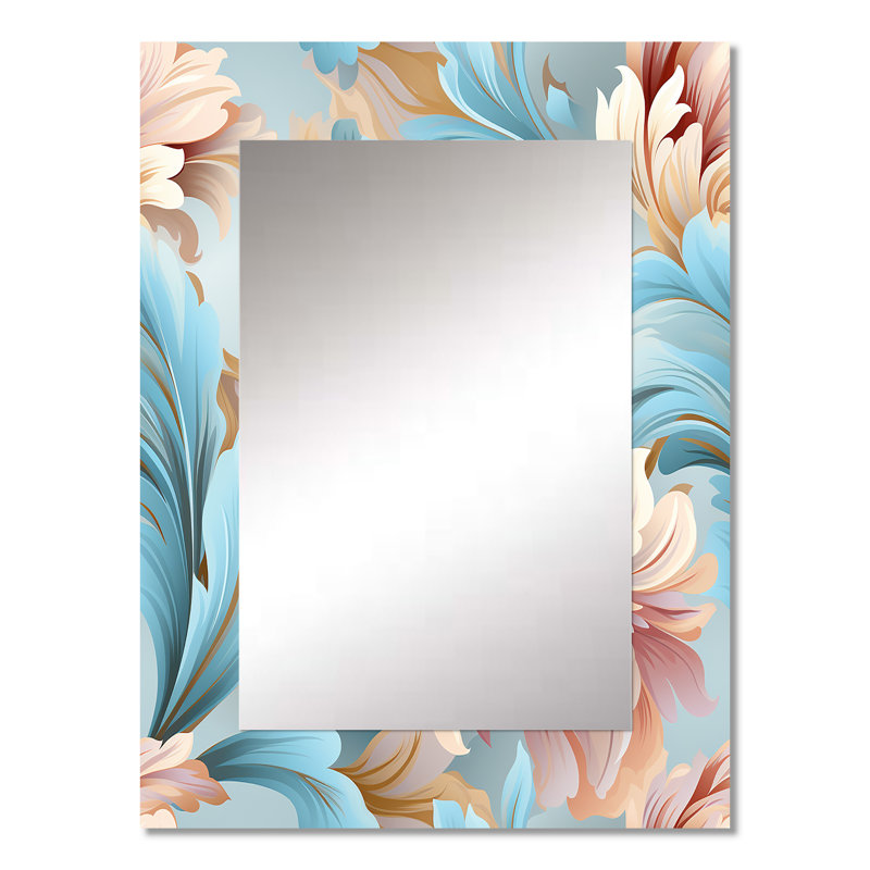 Baynham rose et bleu damassé en fleurs - miroir damassé, miroir mural unique damassé, impression sur métal, 32 po x 24 po
