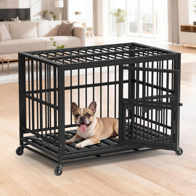 Cage de transport robuste en acier pour chien, avec roues verrouillables, double porte et plateau amovible, pour chiens moyens et grands, utilisable à l'intérieur comme à l'extérieur.