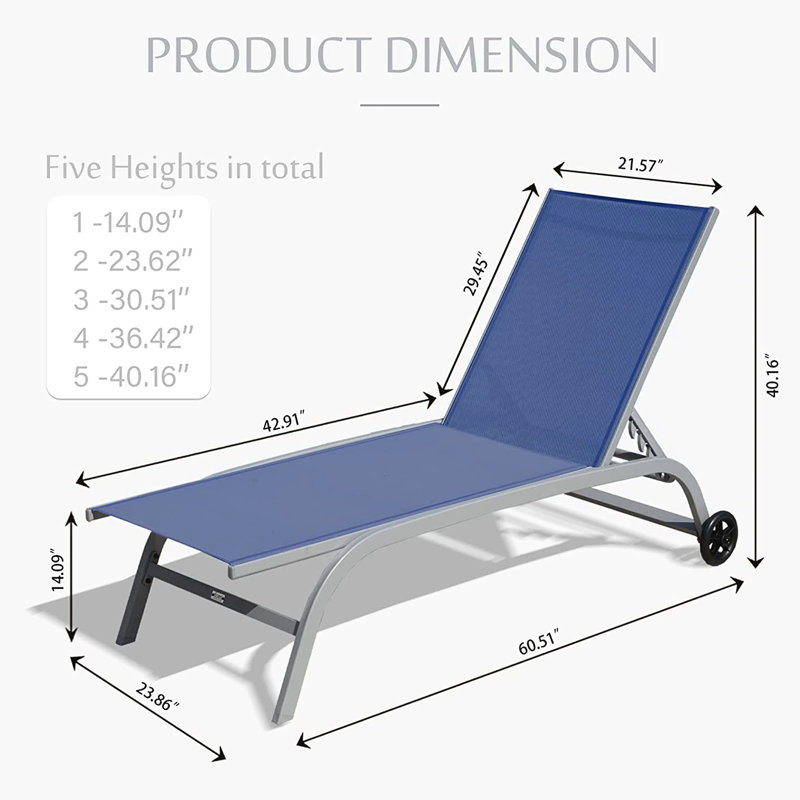 2 chaises longues pour l'extérieur bleu - 5 positions réglables pour la terrasse, la plage, la cour et la terrasse