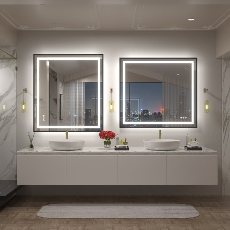 Miroir de salle de bain / meuble-lavabo à cadre en verre trempé à DEL certifié anti-buée Wayfair Basics®, 40 po x 36 po