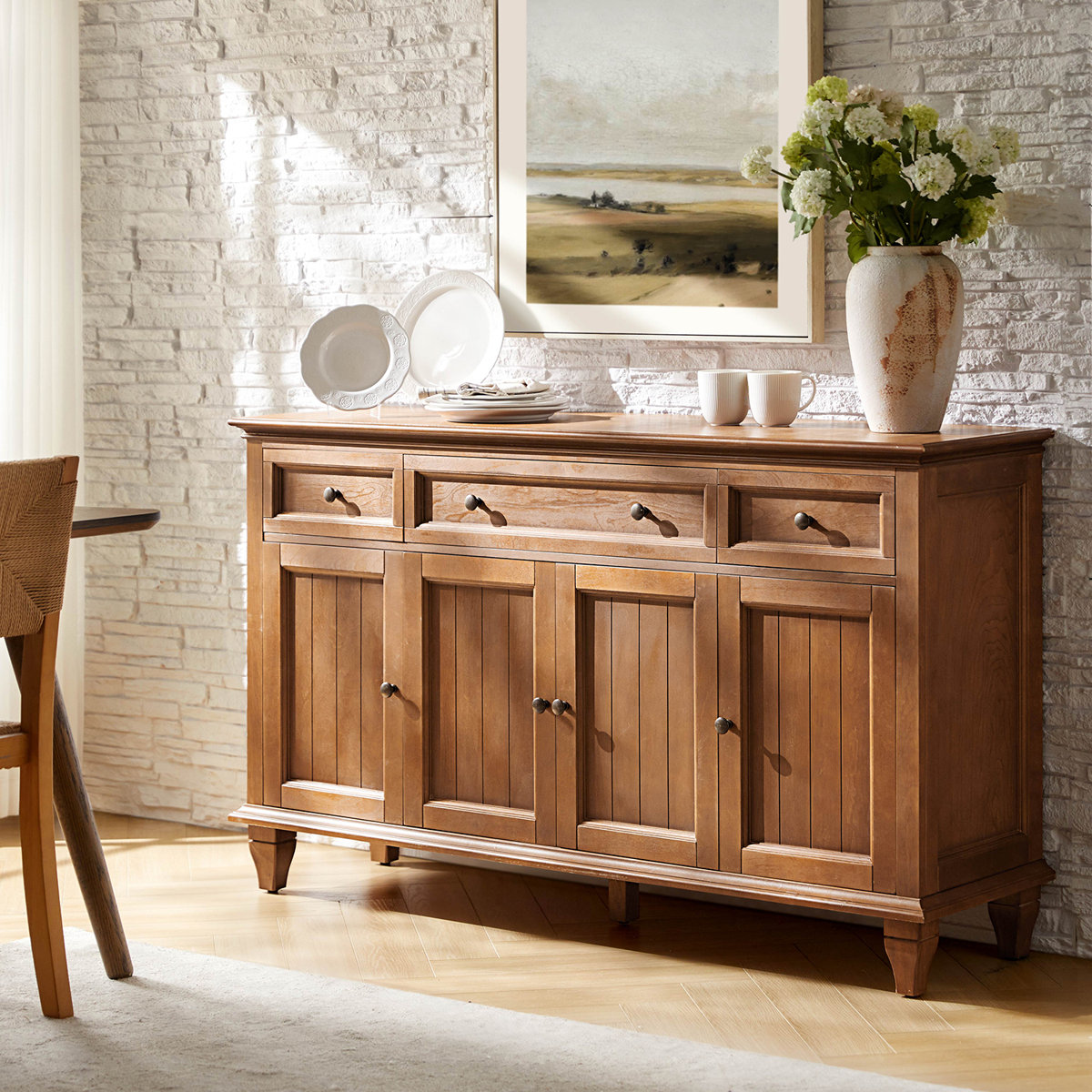 Alvieri Farmhouse 58" W 3-Drawer 4-Cabinet Sideboard with Solid Wood Legs