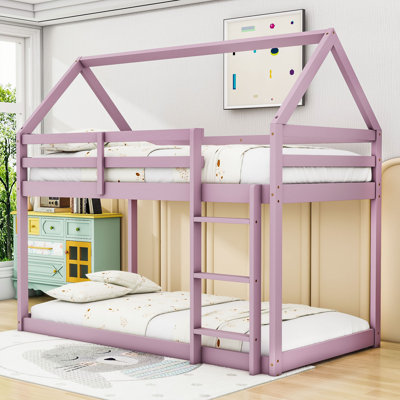 Twin Over Twin  Wooden House Bunk Bed With Ladder