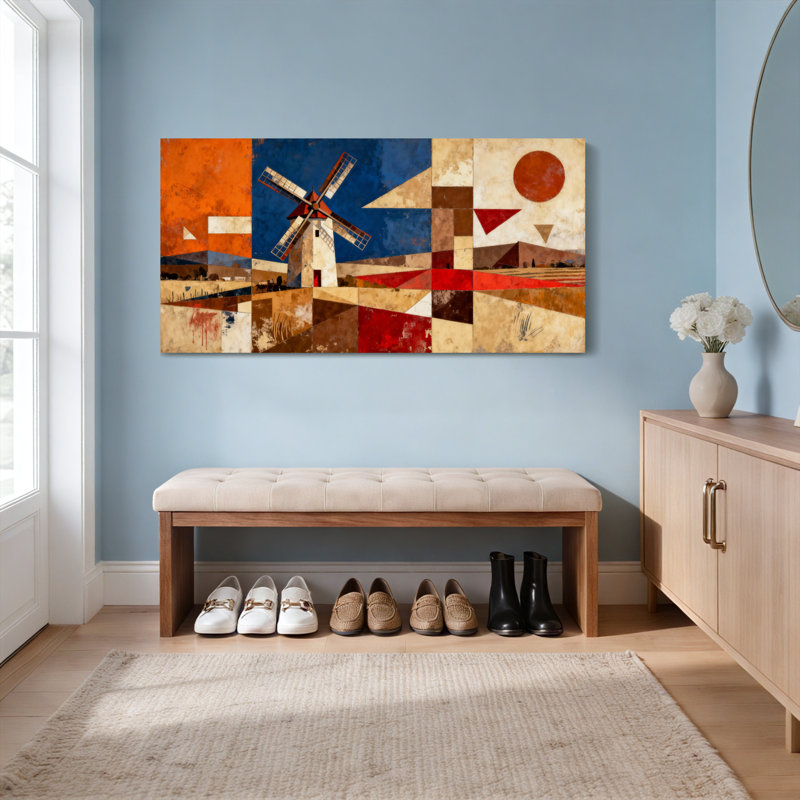 Ensemble de 1 tableau abstrait représentant un paysage de moulin à vent, H 24 po x l 48 po