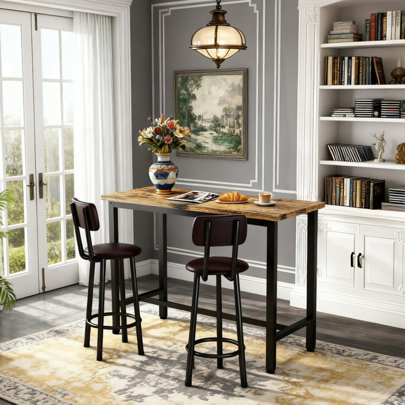 3 Piece Bar Table Set Of 2, 47" Rectangle Pub Bar Table With 2 PU Leather Upholstered Backrest Stools, Small Space Kitchen Dining Table Set For Kitchen, Living Room, Apartment
