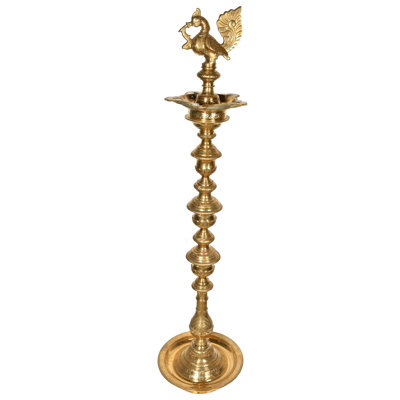 56" Large Handmade Brass Mayura Peacock Oil Lamp - Traditional Indian Ritual Nila Vilakku for Temple Puja, Garden or Home Decor
