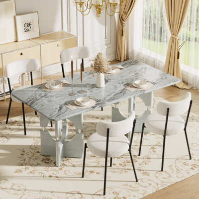 Ensemble de salle à manger moderne 5/7 pièces, table en marbre et chaises en peluche 4/6 Design compact et peu encombrant pour la salle à manger et la cuisine