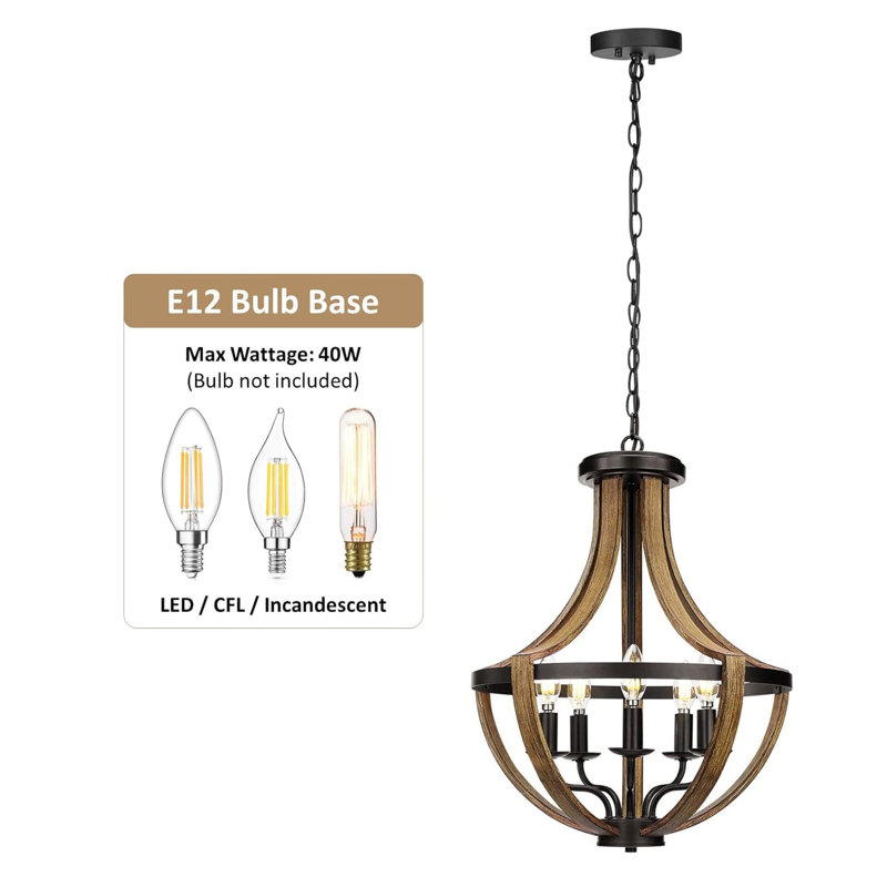 17.7" Rustic Black and Wood Grain 5-Light Chandelier