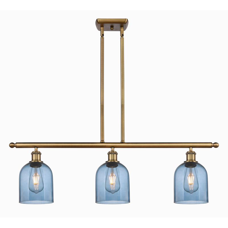 Luminaire suspendu pour îlot de cuisine 3 lumières Odaniel, Laiton brossé, Bleu princesse