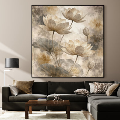 Très grande reproduction d'art sur tissu - Composition florale de lotus rétro dans des tons neutres, élégante décoration murale botanique pour le salon - «Assemblage requis du cadre (cadre non fini)»