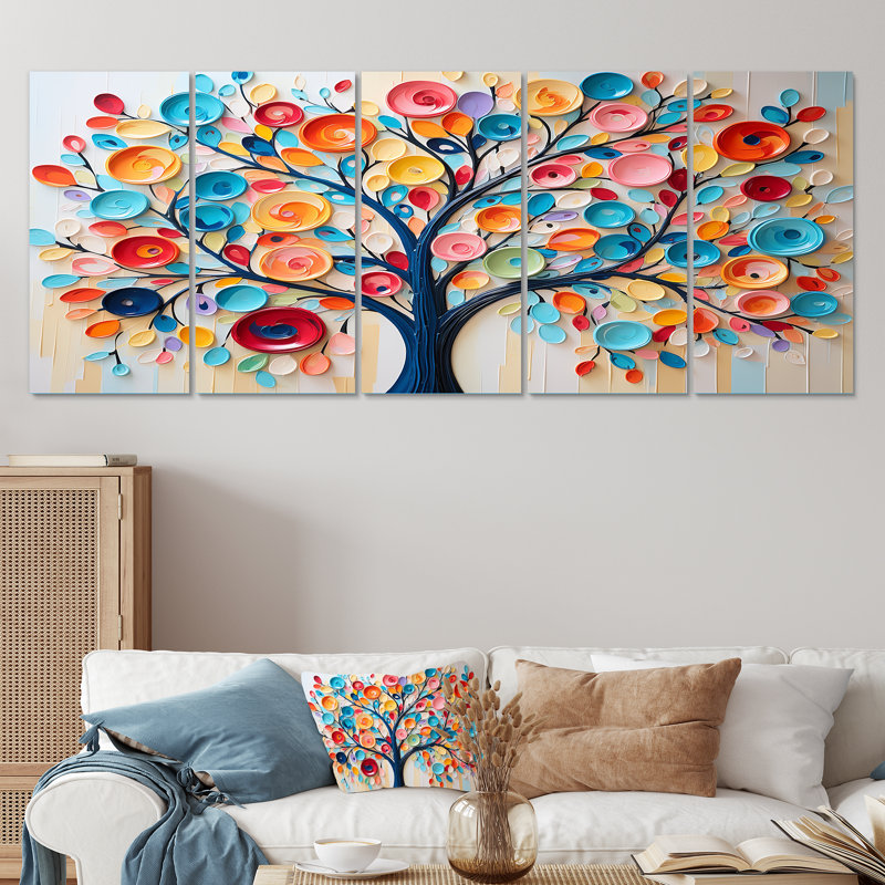 Arbre abstrait coloré I - arbre africain, art mural 5 pièces, H 28 po x l 60 po
