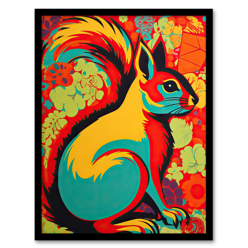 Alece Autumn Squirrel Neon Red Orange Yellow Teal Abstract - Single Picture Frame Print