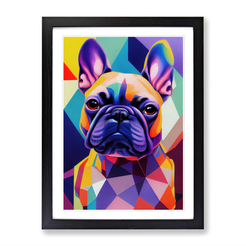 FRM-V0523-1052X French Bulldog Painting Hypreprism - Picture Frame Print, 64cm H x 46cm W, Black Framed