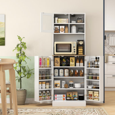 Armoire de cuisine 66,5 "autoportante avec 8 portes et tablettes réglables, armoire de salle à manger blanche, rangement pour la cuisine