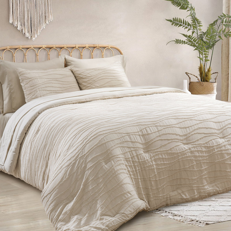 Ensemble d'édredon en microfibre jacquard 7 pièces Waves, Beige, Grand