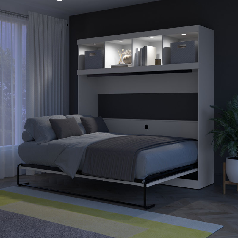 Lit escamotable horizontal 80W avec rangement supérieur en blanc 80W, Lit double, Blanc