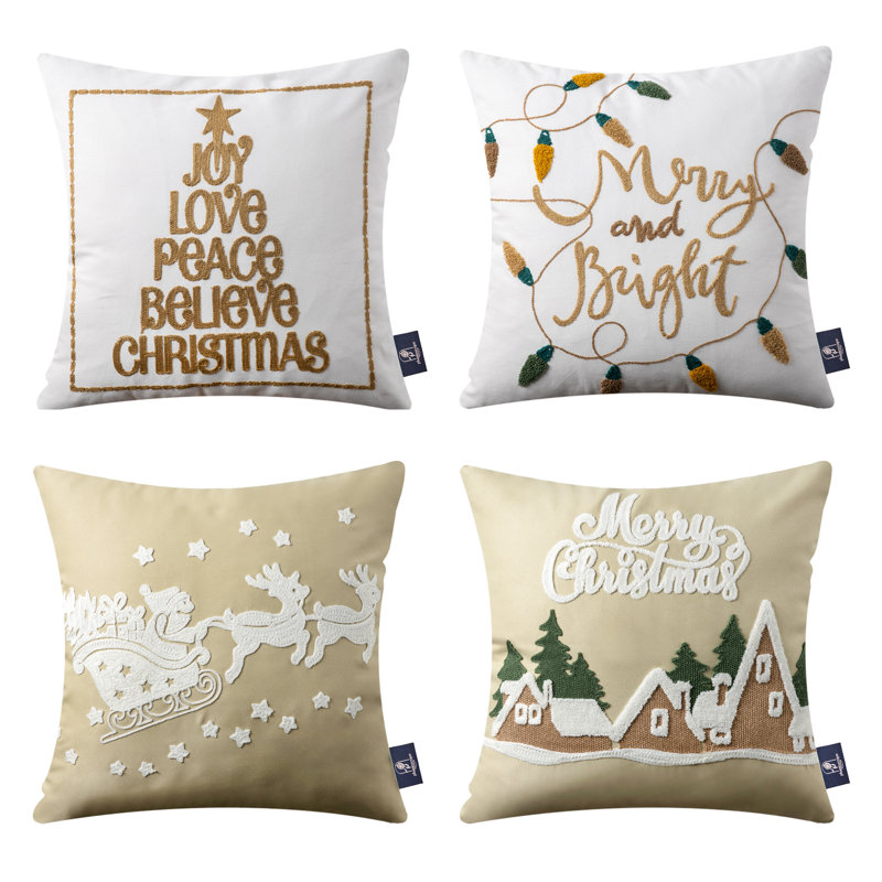 Phantoscope MC 4PC Collection Christmas Embroidered Decorative Holiday Series Throw Pillows, Covers with Inserts, 18" x 18", Set of 4