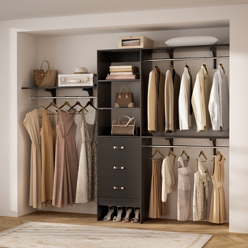Abbigael 20.2''-  96‘’ W Closet System with 3 Wooden Drawers and 3 Shelving Towers, Black