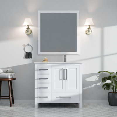36 po W, meuble-lavabo blanc pour la salle de bain, comptoir en marbre de culture décalé à droite, robinet, miroir mural de 34 po, surface de travail Scratch et Stain