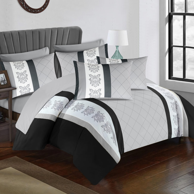 Microfiber Geometric Duvet Cover Set, Double (200cm x 200cm), Black & Grey