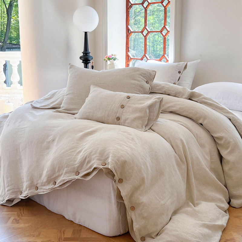 Housse de couette en lin avec fermeture à boutons noix de coco, Housse de couette grand + 2 taies d'oreiller, Lin lin