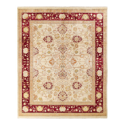 Tapis ivoire en laine noué à la main de conception unique 8 pi 2 po x 10 pi Ohlone