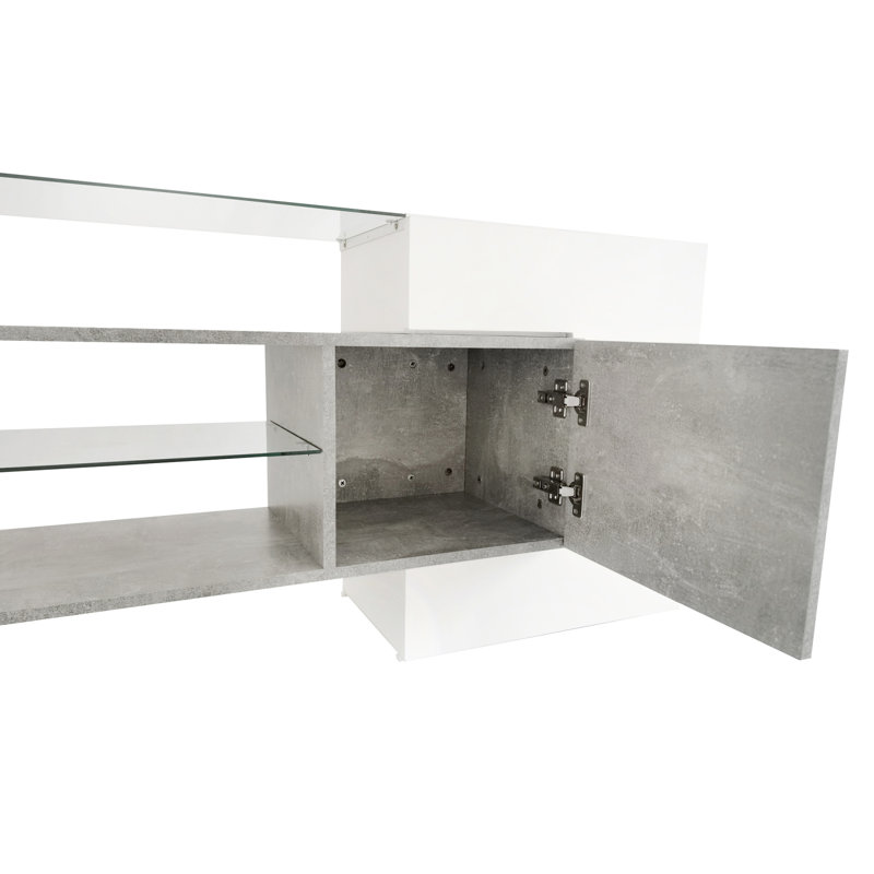 Meuble télé de forme unique avec 2 tablettes en verre illuminées, centre de divertissement ultrabrillant pour téléviseurs de 88 po ou moins, meuble télé polyvalent avec éclairage DEL pour le salon