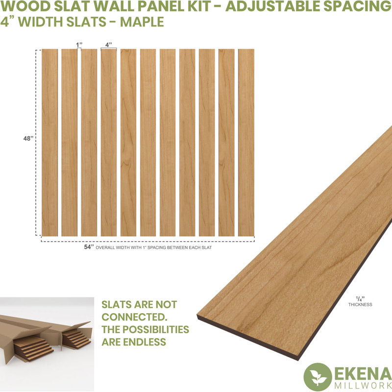 Adjustable Wood Slat Wall Panel Kit, 4"W x 47"H x 0.25"T, Maple