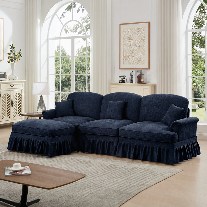 Élégant canapé Mid-Century 3 places avec 1 repose-pieds, Bleu