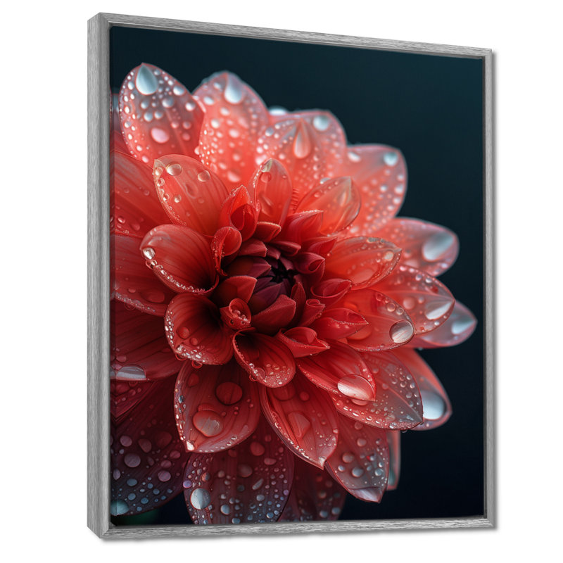 Dahlia nuance rouge nuances monochromes - art mural dans le salon, Cadre argenté flottant, H 34 po x l 44 po x P 1,5 po