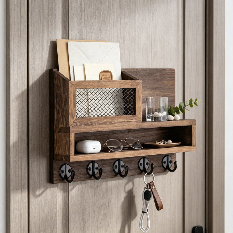 Porte-clés mural et organisateur de courrier avec compartiment de rangement et 5 crochets robustes pour manteaux, laisses et articles essentiels quotidiens, conception en maille élégante pour l'entrée, le bureau à domicile ou le vestibule