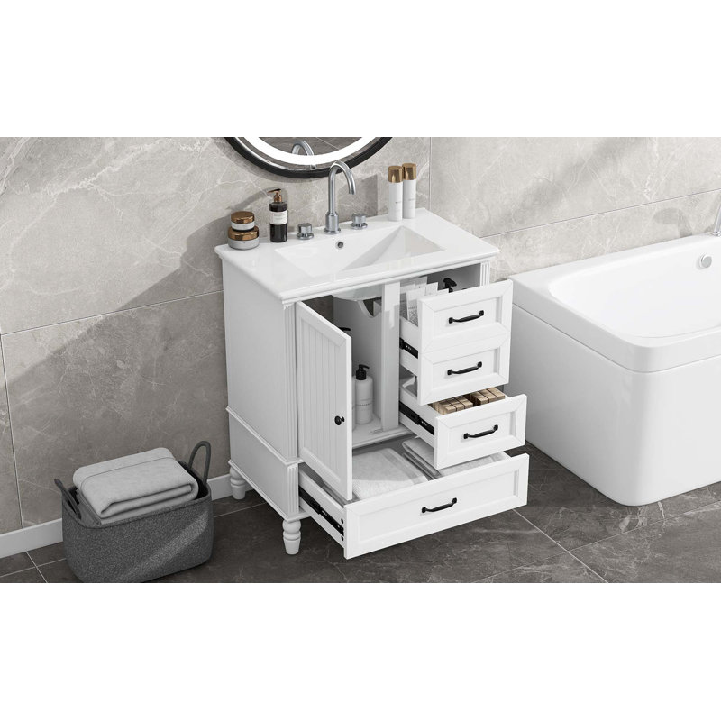 Meuble-lavabo de 30 po avec lavabo, armoire de salle de bain avec porte, trois tiroirs, pieds en bois massif et panneau de fibres à densité moyenne, patins réglables, blanc