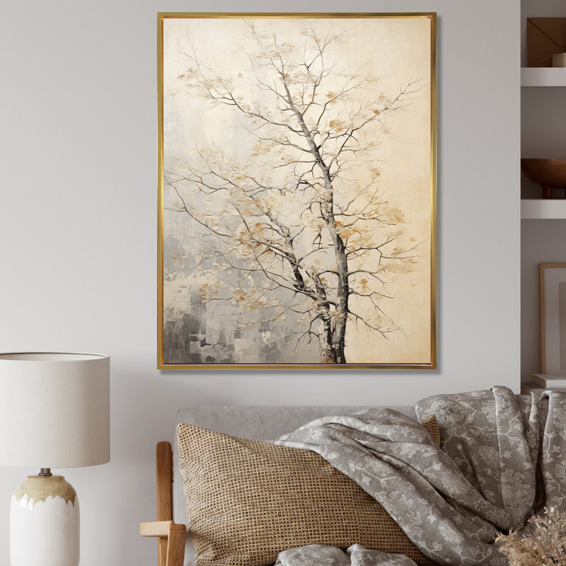 Chêne beige arbres solitude I - grand art mural chêne, H 44 po x l 34 po x P 1,5 po, Cadre flottant doré