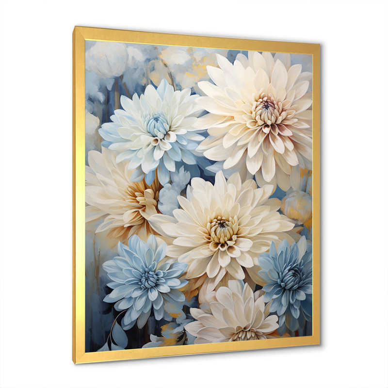 Minimalisme «Blooming Mums» en beige et bleu estompé sur toile, Cadre doré simple, H 32 po x l 16 po x P 1 po