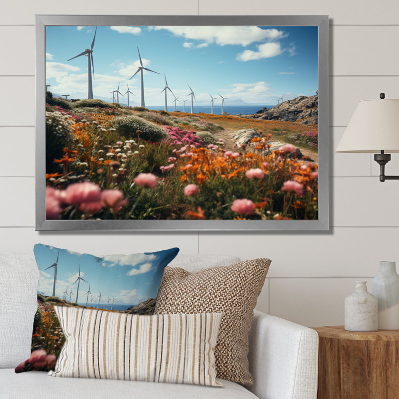 Wind Turbines Floral Field I sur impression sur toile, Cadre simple argenté, H 24 po x l 32 po x P 1 po
