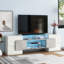 Meuble audio-vidéo polyvalent de couleur grise, 2 tablettes en verre illuminées, 4 armoires de télévision grises avec structure centrale pour le salon