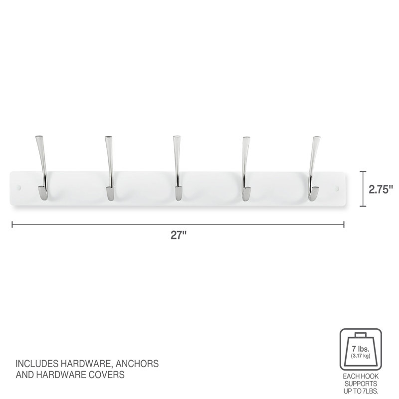 White Wall Mounted Coat Rack with 5 Metal Hooks