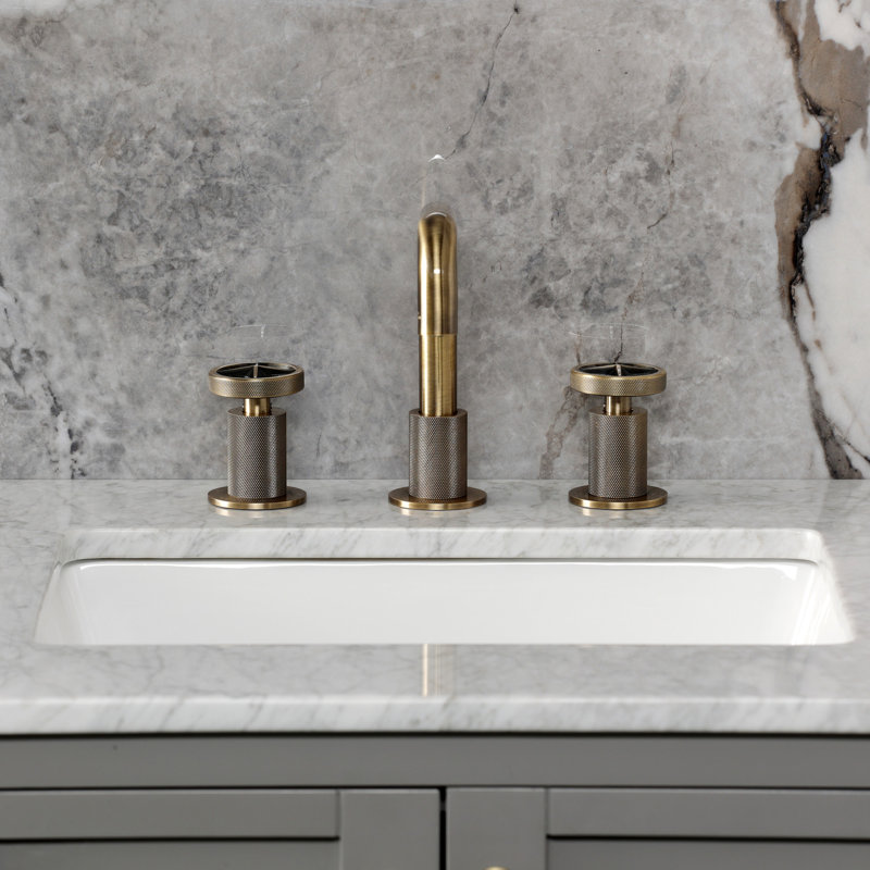 Kingston Brass Ostro Two-Handle 3-Hole Deck Mount Widespread Bathroom Faucet With Push Pop-Up Drain, Antique Brass