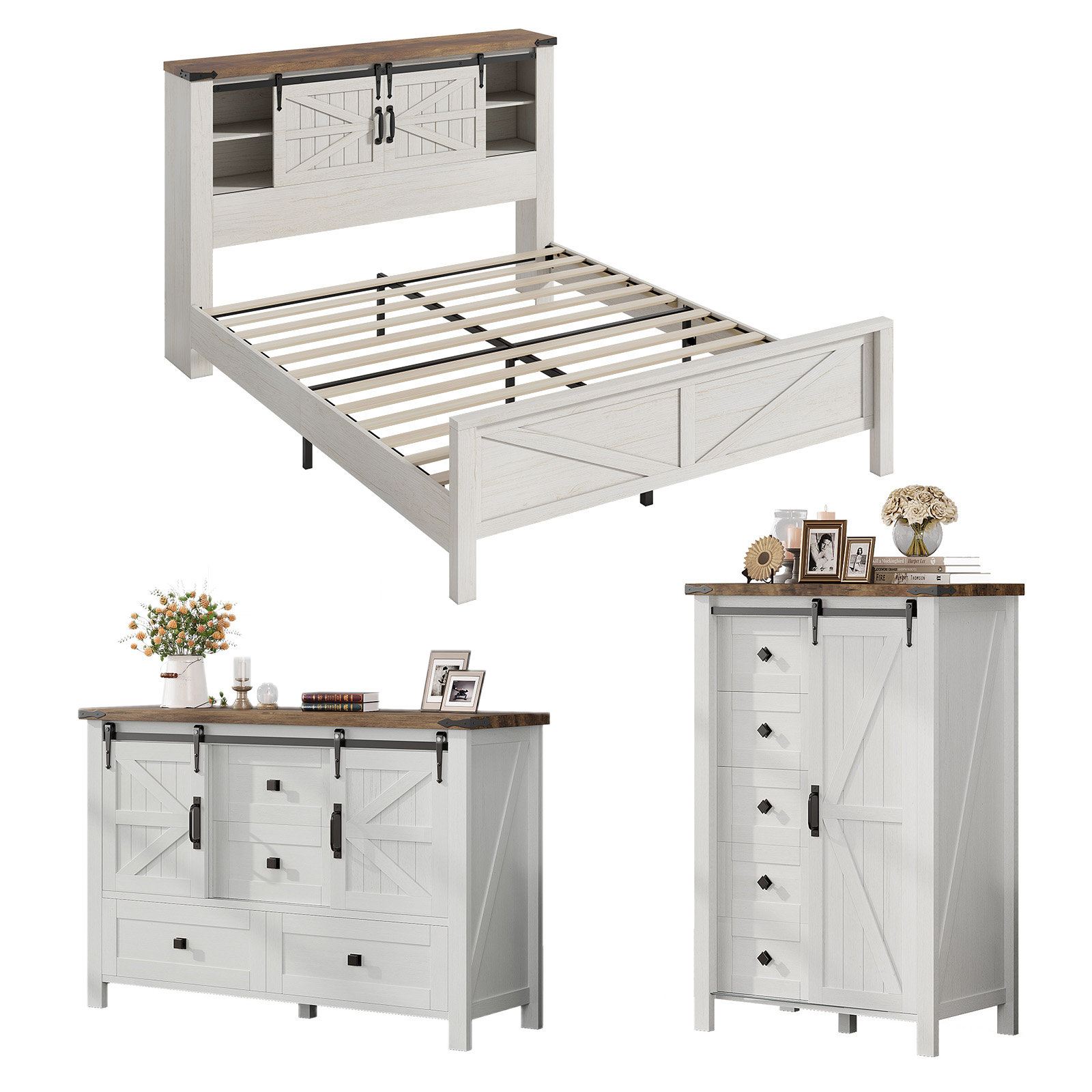 3 Pieces Farmhouse Bedroom Set, Bookcase  Bed Frame, 5 Drawer Dresser, 4 Drawers Dresser
