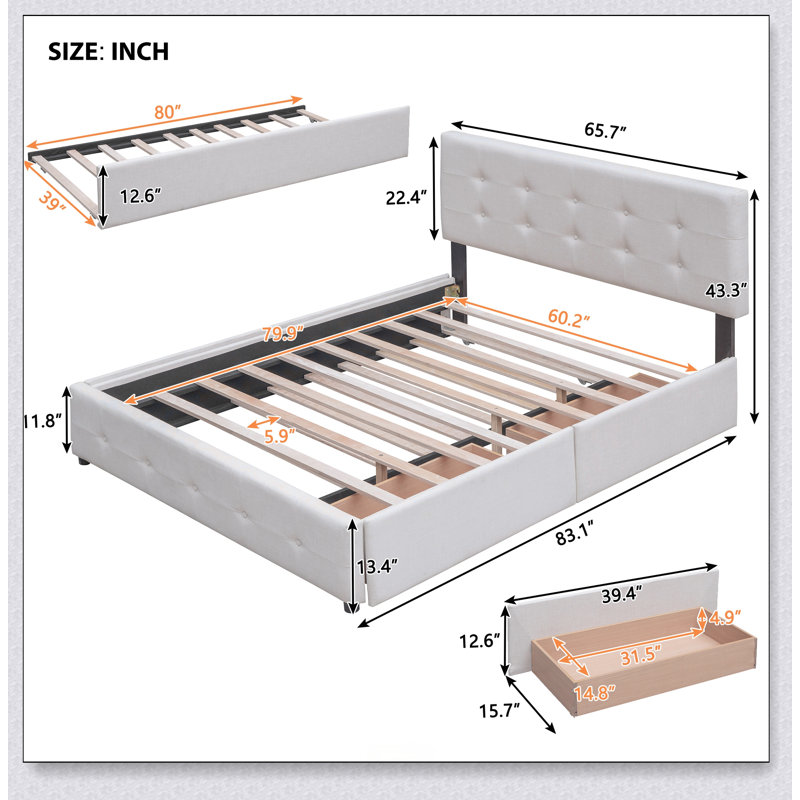 Upholstered Platform Bed With 2 Drawers And 1 Twin XL Trundle,  Linen Fabric, Beige