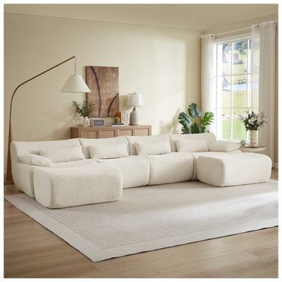 Canapé d'angle en velours côtelé crème en forme de U avec pouf, canapé-lit 6 places pour salon