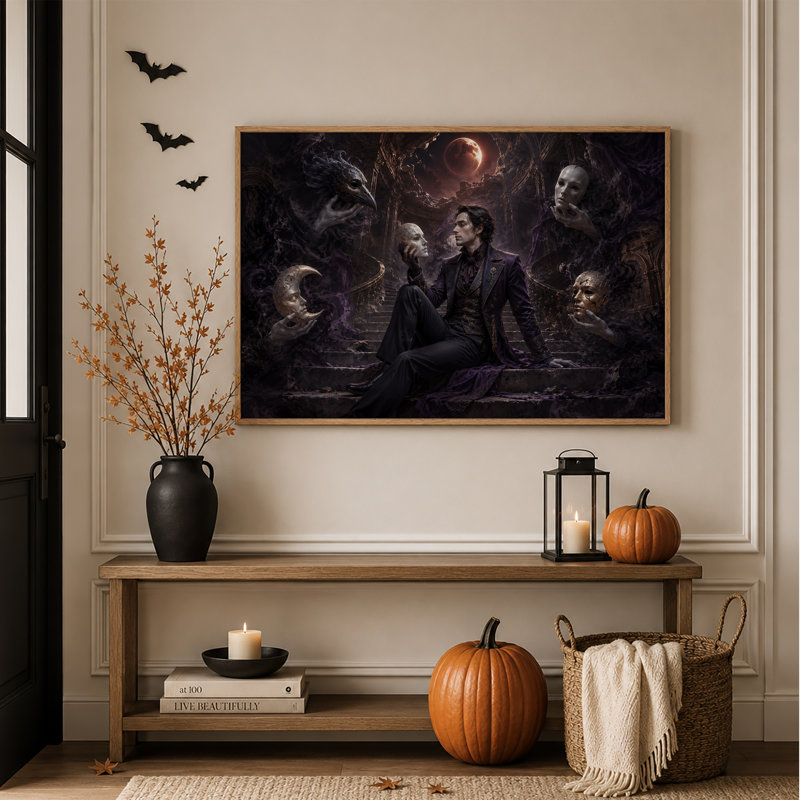 Homme tenant un masque parmi des masques flottants et une toile rouge d'Halloween, 24"H x36"W