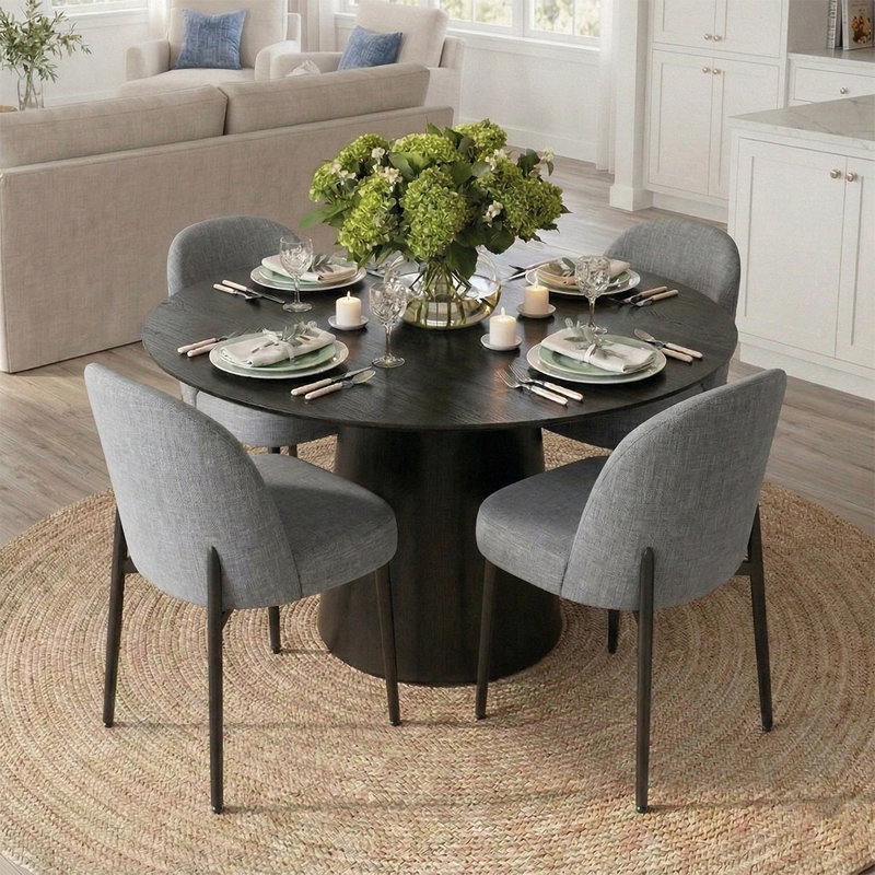 Ensemble de salle à manger rond avec table à pied centrale et 4 chaises de salle à manger rembourrées, Gris
