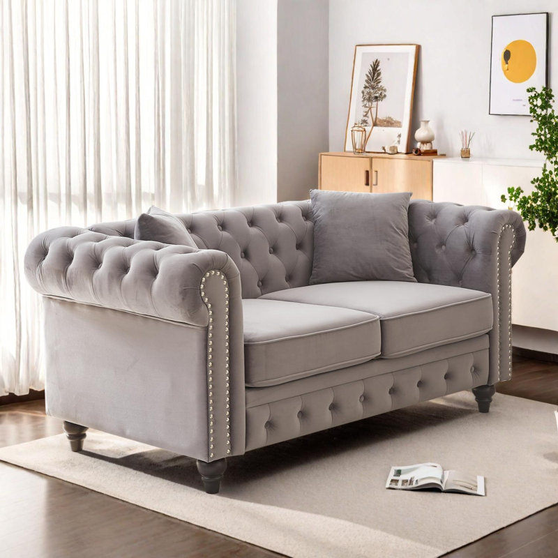 Canapé Chesterfield 63,5 po en velours capitonné, Gris