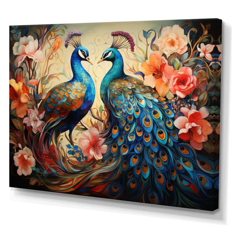 «Blue Coral Indian Art Dancing Peacocks I», art mural indien, H 12 po x l 20 po x P 1 po, Toile tendue